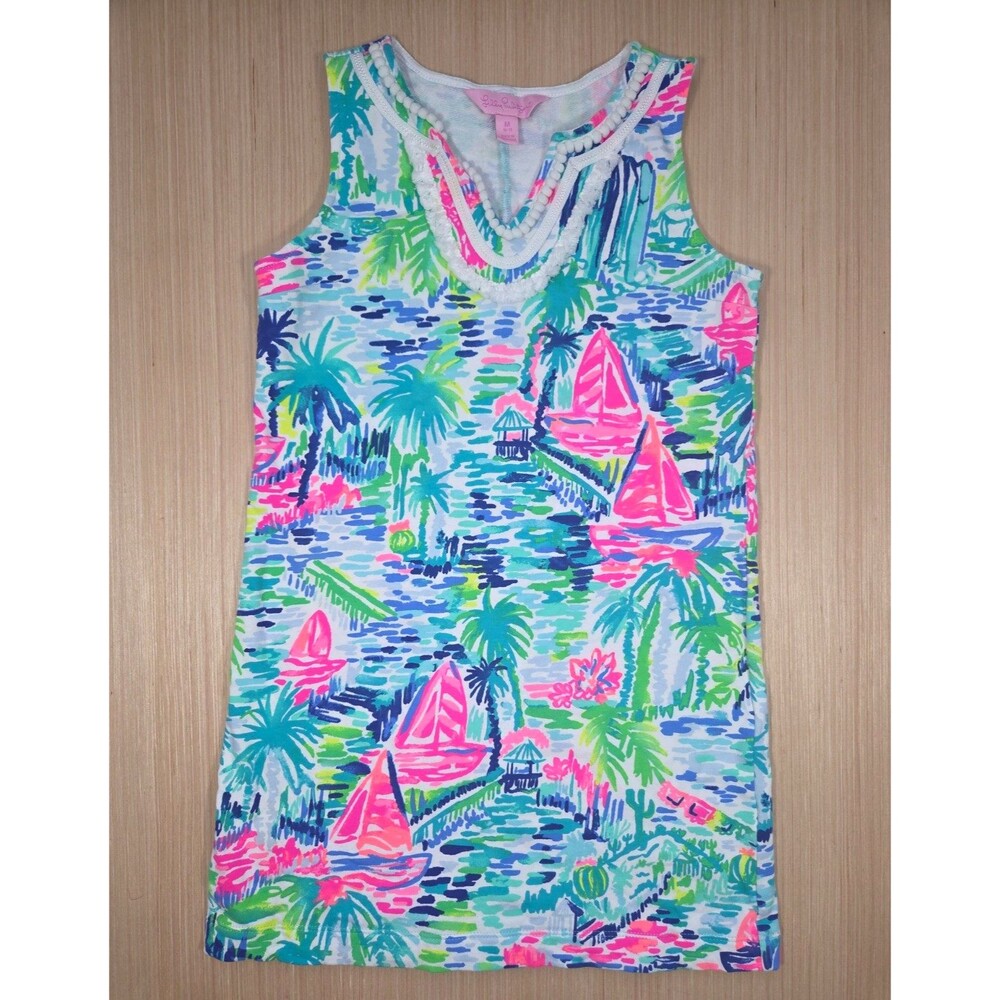 Lilly Pulitzer Harper Shift Dress Girls M 6/7 Salt In The Air Embroidered Trim